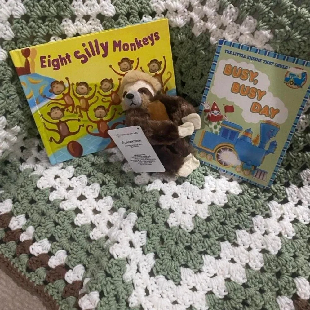 Handmade crochet blanket (40x40) with books and animal set.